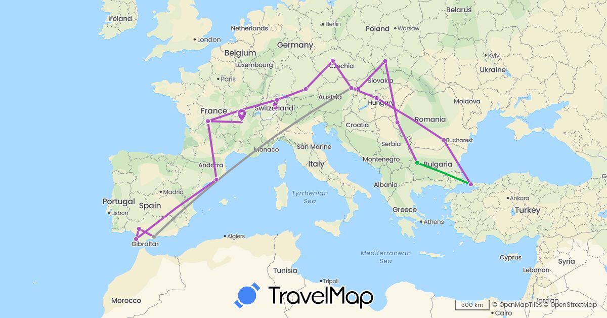 TravelMap itinerary: driving, bus, plane, train in Austria, Bulgaria, Switzerland, Czech Republic, Germany, Spain, France, Hungary, Poland, Romania, Slovakia, Turkey (Asia, Europe)